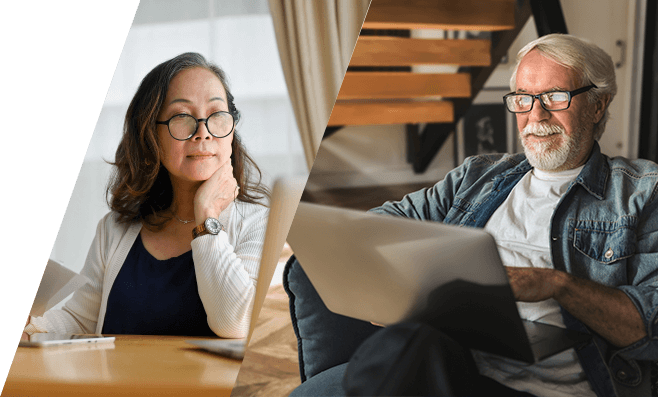 photo of a woman at a desk with a tablet, and another photo of a man using a laptop