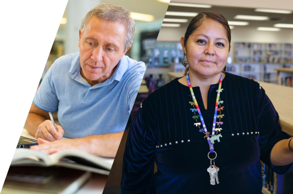 image of man reading book and taking notes and an image of an indigenous woman standing in a library