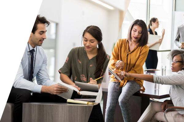 image of man and woman sitting talking in a business setting, and image of two women talking in a business setting