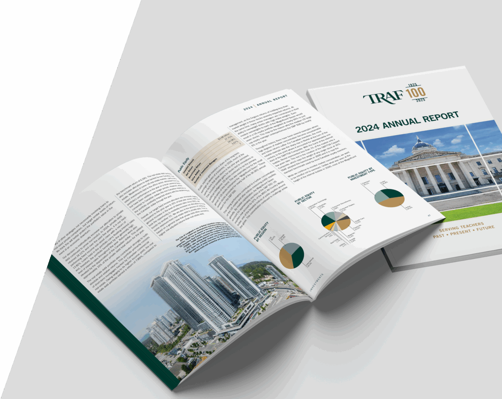 The 2024 Annual Report is flipped open to show two pages with text, a pair of skyscraper buildings and pie charts. Another Annual Report is closed, showing the cover, next to it.